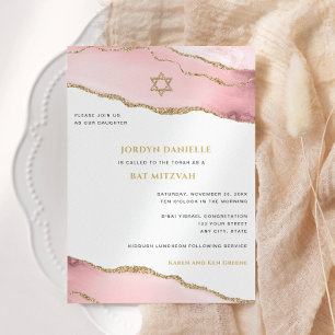 Invitación Mitzvah de murciélago, Purpurina rosado y dorado A