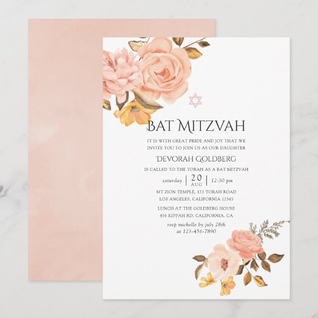 Invitación Mitzvah de Rubor Pink and Gold Floral Bat (Anverso / Reverso)
