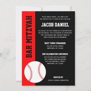 Invitación Mitzvah Red Black Baseball Bar