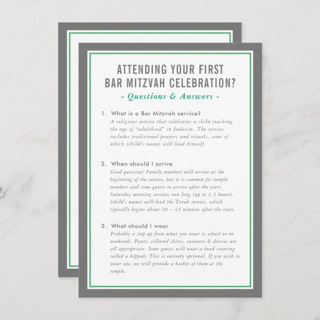 Invitación MITZVAH service information questions advice green (Anverso / Reverso)