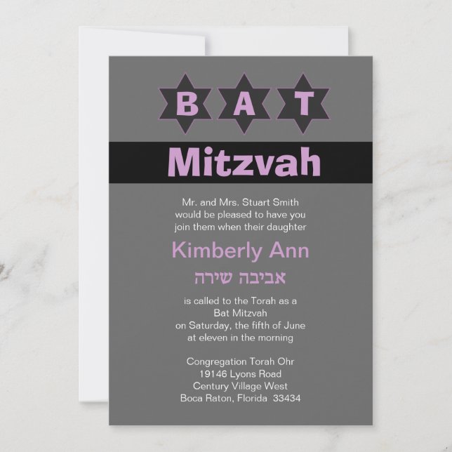 Invitación Mitzvah, un murciélago gris y rosa moderno, tiene  (Anverso)