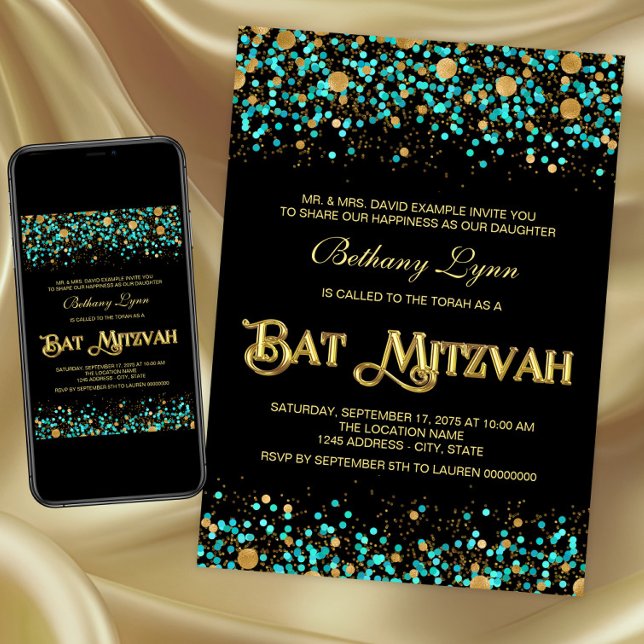 Invitación Mitzvah verde azulado Blue and Gold Bat (Teal blue and gold Bat Mitzvah invitation. Digital download and printed invitations available.)