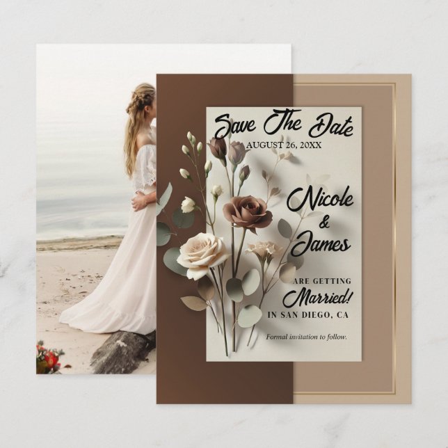 Invitación Moca Café Au Lait Marrón Neutro Floral Save Date (Anverso / Reverso)