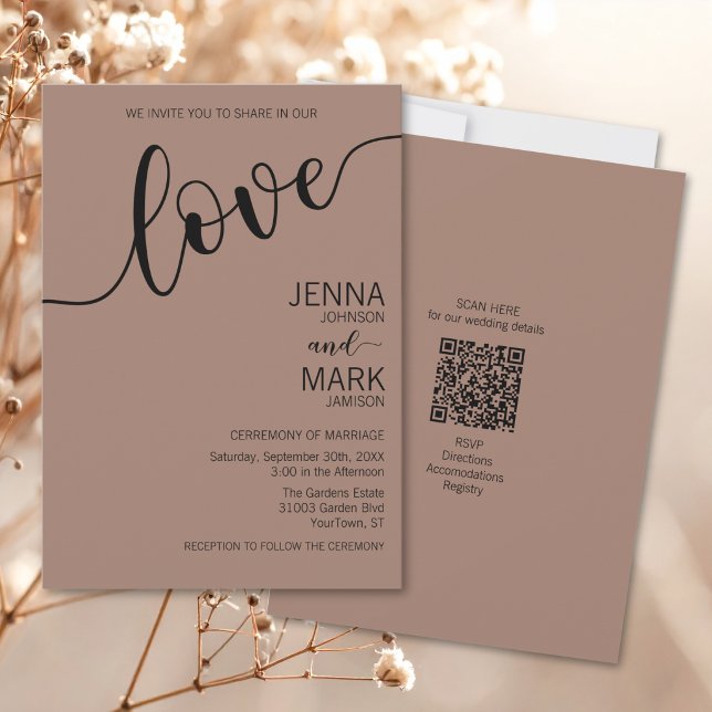 Invitación Mocha Black Love Script Minimalist Wedding (Subido por el creador)