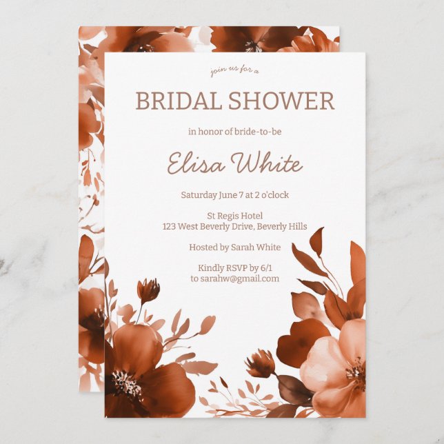 Invitación Mocha Blooms Watercolor Bridal Shower PERSONALIZAD (Anverso / Reverso)
