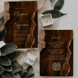 Invitación Mocha Brown Agate Gold Script QR Code Boda