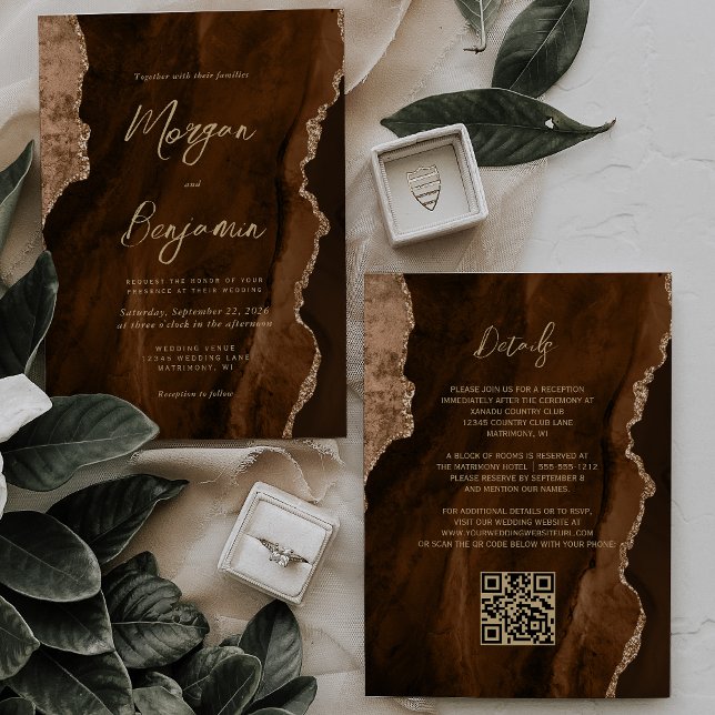 Invitación Mocha Brown Agate Gold Script QR Code Boda (Subido por el creador)