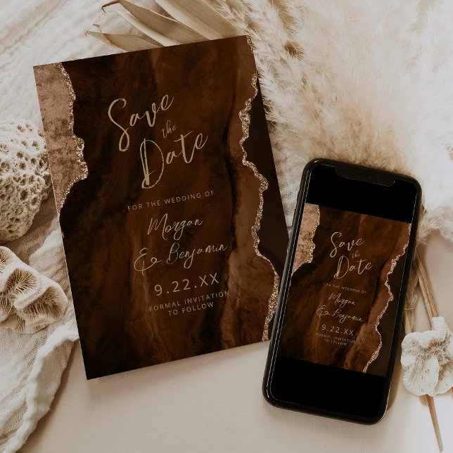 Invitación Mocha Brown Agate Script Wedding Save the Date (Subido por el creador)