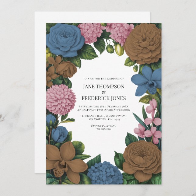 Invitación Mocha Brown, Dusty Blue & Soft Pink Floral Wedding (Anverso / Reverso)