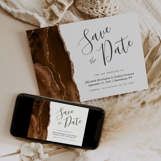 Invitación Mocha Brown Gold Agate Save the Date Card (Subido por el creador)
