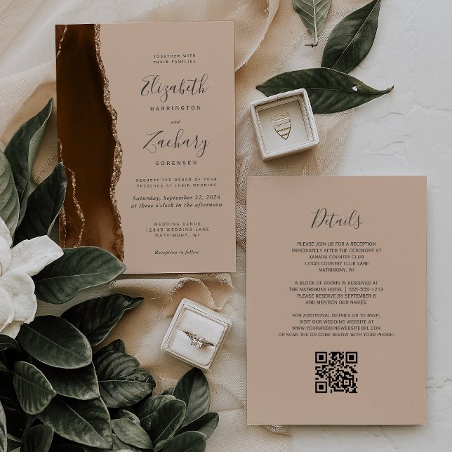 Invitación Mocha Brown Gold Agate Tam QR Code Boda (Subido por el creador)