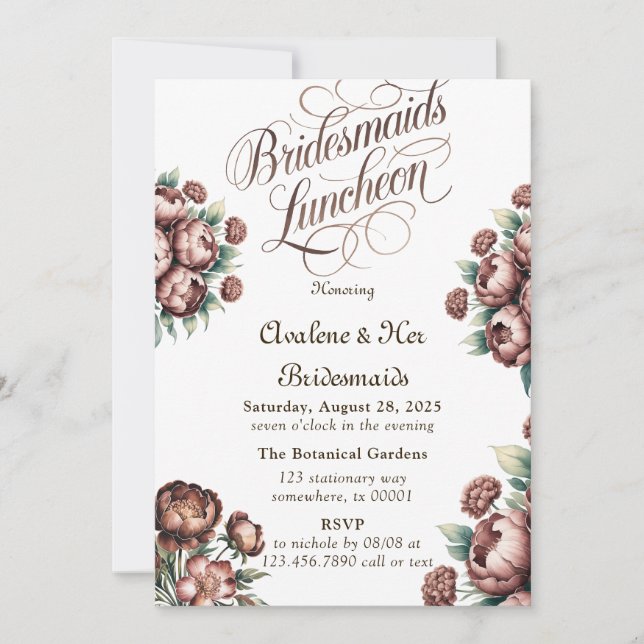 Invitación Mocha Brown Pintó a Peony Bridesmaids Luncheon (Anverso)