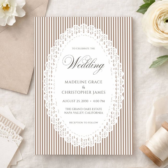Invitación Mocha Brown Stripe Lace Doily Wedding (Subido por el creador)