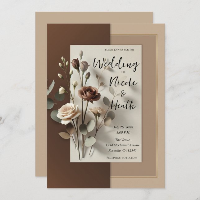 Invitación Mocha Café Au Lait Brown Boda Floral Neutral (Anverso / Reverso)