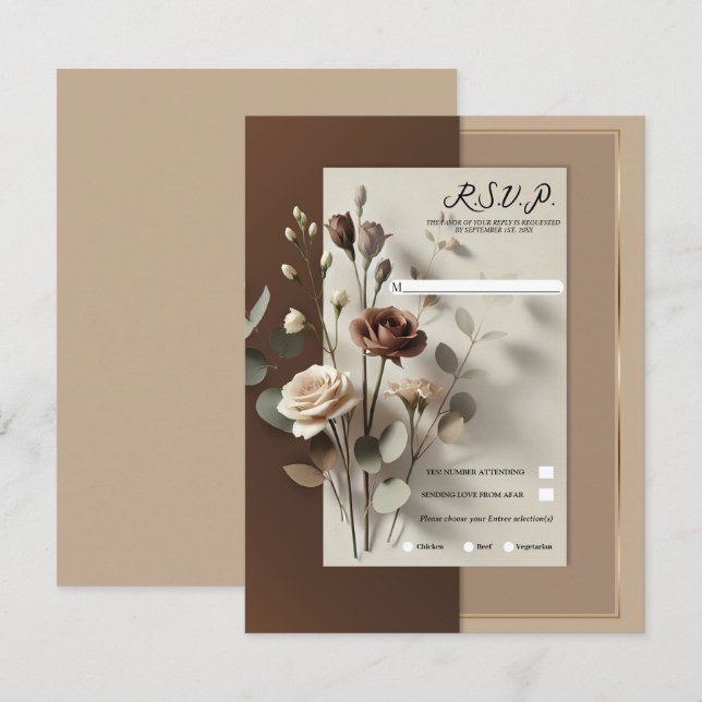 Invitación Mocha Café Au Lait Brown Floral Neutral RSVP (Anverso / Reverso)