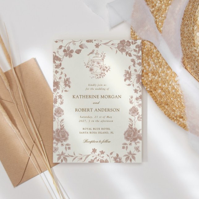 Invitación Mocha Chinoiserie Vintage Floral Boda (Subido por el creador)