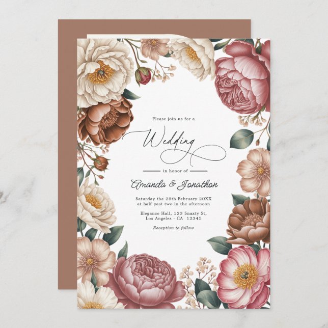 Invitación Mocha, Cream & Dusty Rose Floral Wedding QR Code (Anverso / Reverso)