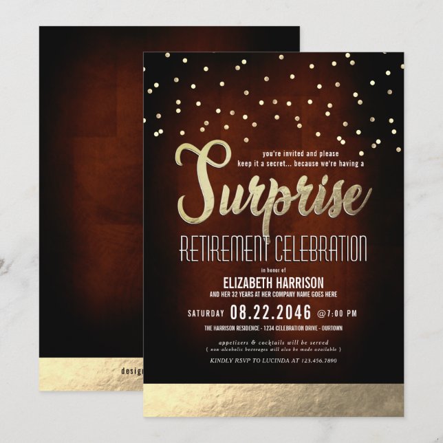 Invitación Mocha de moda/Fiesta de retiro de sorpresas de oro (Anverso / Reverso)