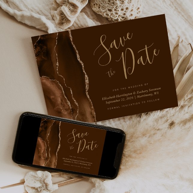 Invitación Mocha Gold Agate Brown Save the Date Card (Subido por el creador)