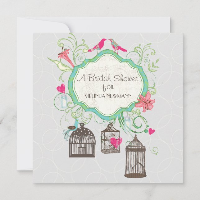 Invitación Mod Bird Cage Mason Jar Heart Floral Bridal Shower (Anverso)