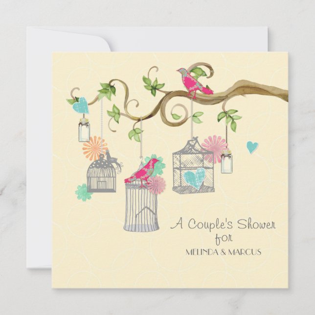 Invitación Mod Bird Cage Mason Jar Heart Floral Bridal Shower (Anverso)