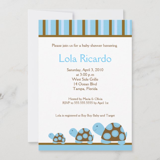 Invitación Mod Blue Turtles Stried Baby Shower Invitar 5 x 7 (Anverso)