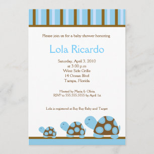 Invitación Mod Blue Turtles Stried Baby Shower Invitar 5 x 7
