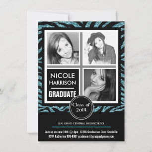 Invitación Mod Faux Purpurina Zebra Chica 3 Graduación de fot