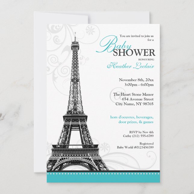 Invitación Mod Flourish Eiffel Tower Baby Shower Parisino (Anverso)