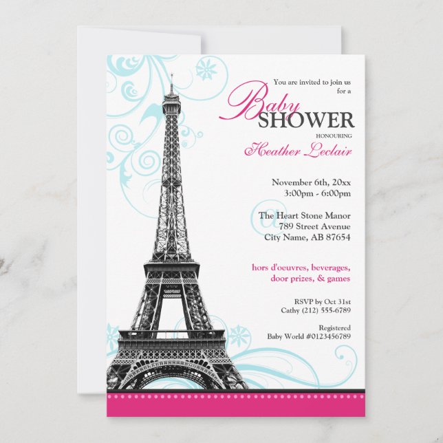 Invitación Mod Flourish Eiffel Tower Parisino Baby Shower (Anverso)