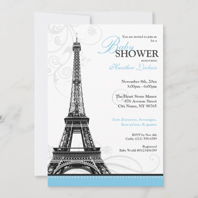 Invitación Mod Flourish Eiffel Tower Parisino Baby Shower (Anverso)