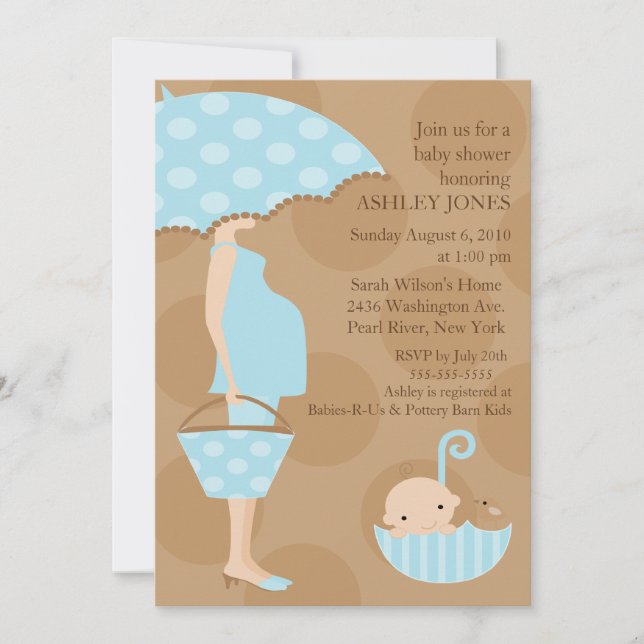 Invitación Mod Mom Umbrella Boy Baby Shower (Anverso)