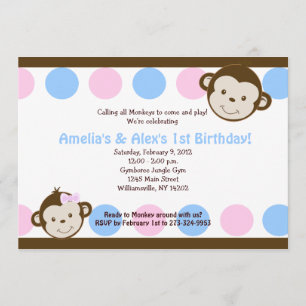 Invitación Mod Monkey Twins rosa/azul 5x7 Cumpleaños