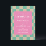 Invitación Mod Pink Mint Green Checkerboard Bat Mitzvah<br><div class="desc">Invitación de Mod Pink Mint Green Checkerboard Bat Mitzvah</div>