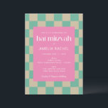 Invitación Mod Pink Mint Green Checkerboard Bat Mitzvah<br><div class="desc">Invitación de Mod Pink Mint Green Checkerboard Bat Mitzvah</div>