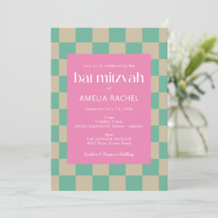 Invitación Mod Pink Mint Green Checkerboard Bat Mitzvah