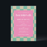 Invitación Mod Pink Mint Green Checkerboard Bat Mitzvah RSVP<br><div class="desc">Invitación de Mod Pink Mint Green Checkerboard Bat Mitzvah con detalles de RSVP</div>