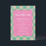 Invitación Mod Pink Mint Green Checkerboard Bat Mitzvah RSVP<br><div class="desc">Invitación de Mod Pink Mint Green Checkerboard Bat Mitzvah con detalles de RSVP</div>