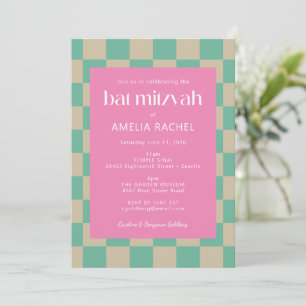 Invitación Mod Pink Mint Green Checkerboard Bat Mitzvah RSVP