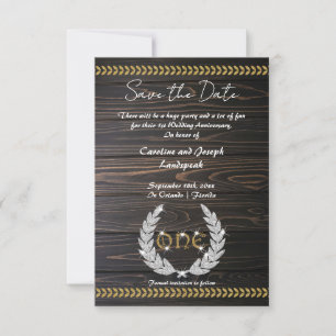 Invitación Moda 1º Aniversario Madera y Oro Salvar la fecha