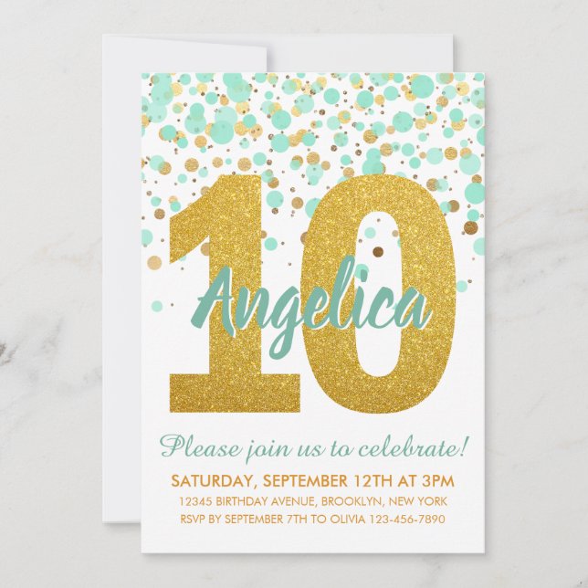 Invitación Moda 10.º cumpleaños Purpurina de oro Confetti Chi (Anverso)