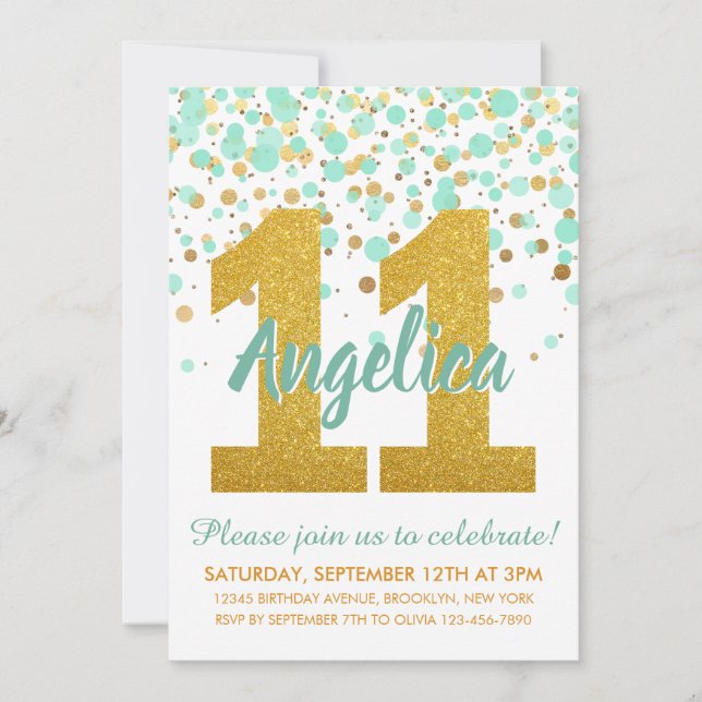 Invitación Moda 11 cumpleaños Purpurina de oro Chica Confetti (Anverso)