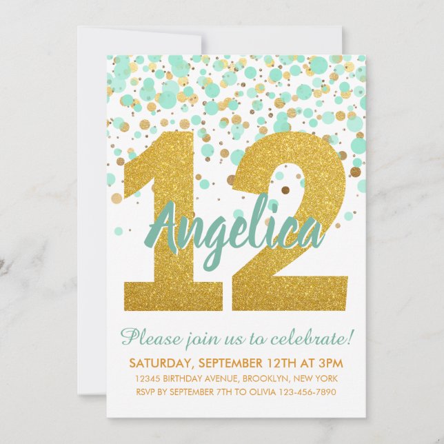 Invitación Moda 12.º cumpleaños Purpurina de oro Confetti Chi (Anverso)