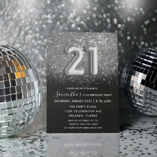 Invitación Moda 21º cumpleaños tipo de globo de plata negra