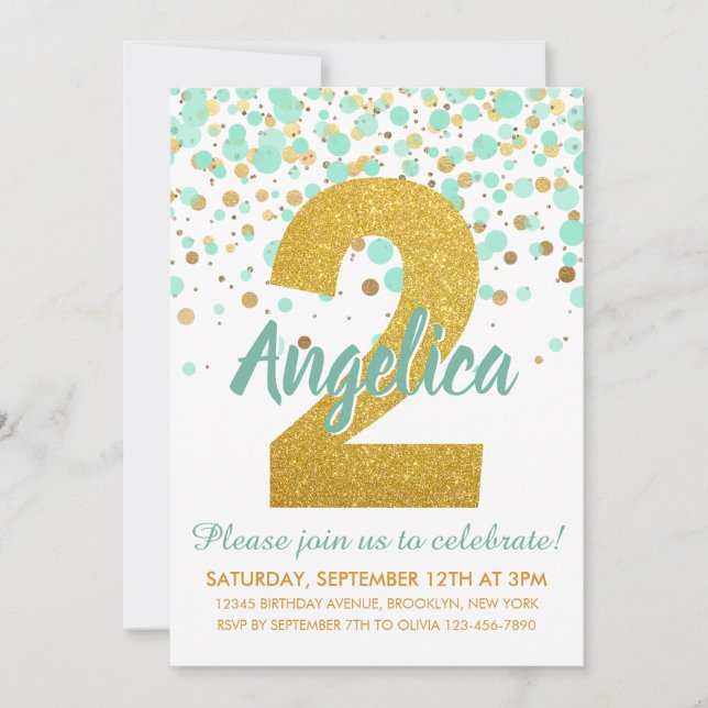 Invitación Moda 2.º cumpleaños Mint Green Gold Purpurina Conf (Anverso)