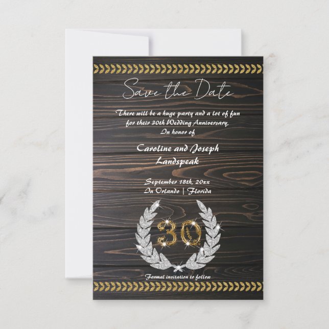 Invitación Moda 30 Aniversario Madera y oro Salven la fecha (Anverso)