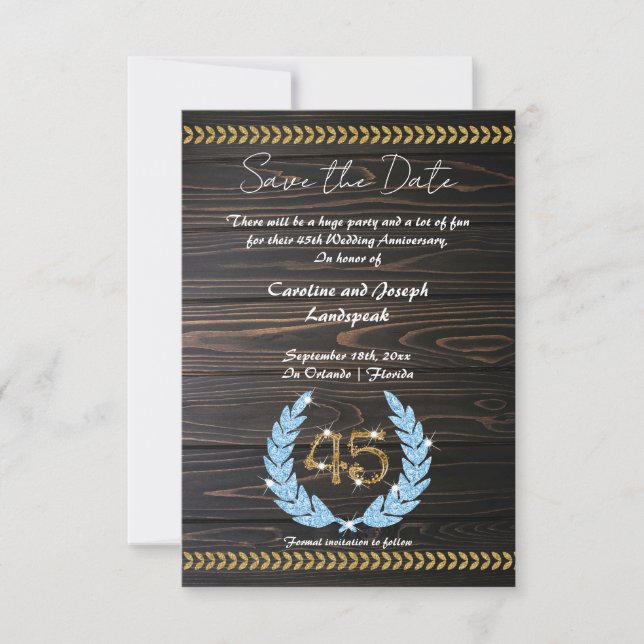 Invitación Moda 45 Aniversario Madera y Oro Salvar la fecha (Anverso)