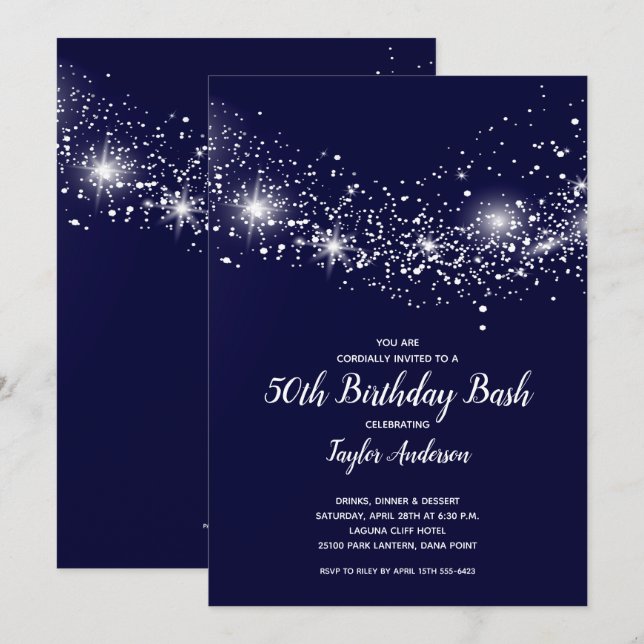 Invitación Moda 50.º cumpleaños Estrellas Marina Azul (Anverso / Reverso)