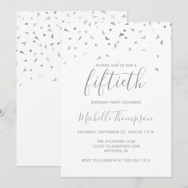 Invitación Moda 50.º cumpleaños Silver Confetti Invitati (Anverso / Reverso)