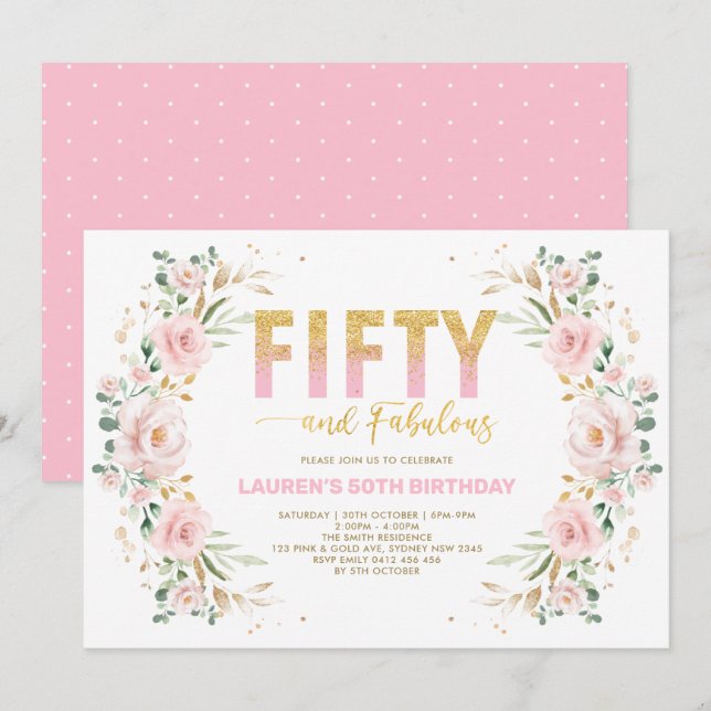 Invitación Moda 50 cumpleaños Rubor Pink Gold Floral cumpleañ (Anverso / Reverso)